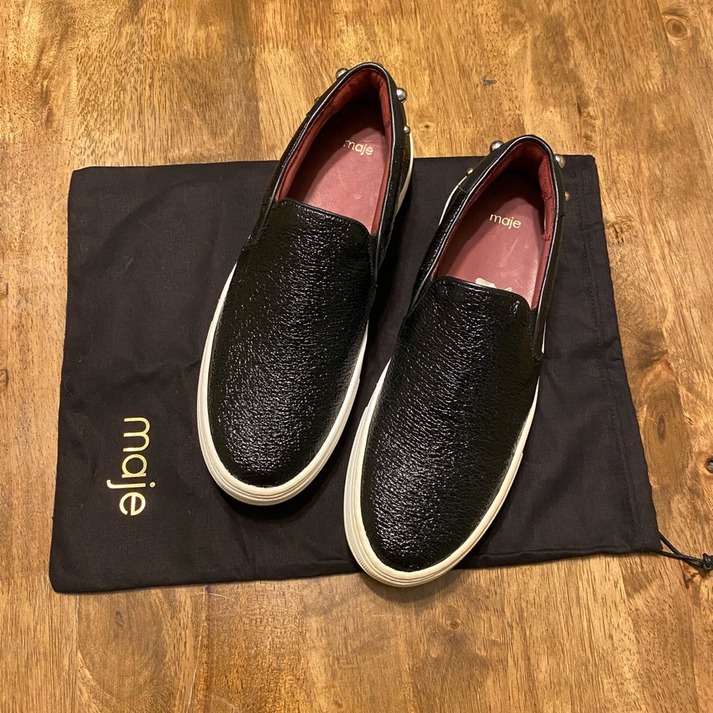 Maje Studded Cracked Leather Slip Ons